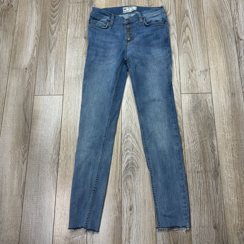 Free People jeans W‎ 26 Exposed Buttons Blue Denim Frayed Hem*